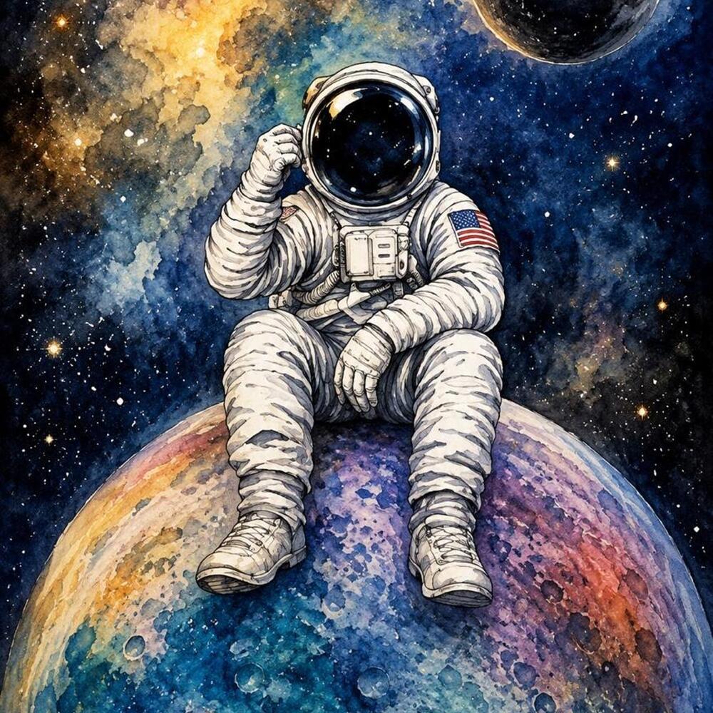 5x7 Framed Astronaut Space Art Print – Watercolor Galaxy Wall Decor